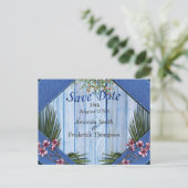 Roze arty Flowers op Blue-wood textuur Aankondigingskaart (Staand voorkant)