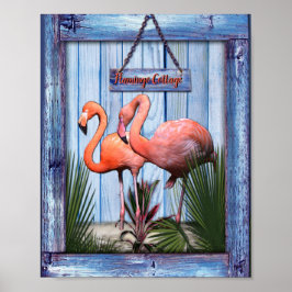 Roze arty Flowers op Blue-wood textuur Poster