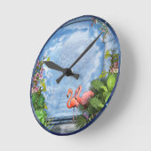 Roze Arty Flowers op Blue-wood textuur Ronde Klok (Hoek)