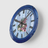Roze Arty Flowers op Blue-wood textuur Ronde Klok (Hoek)