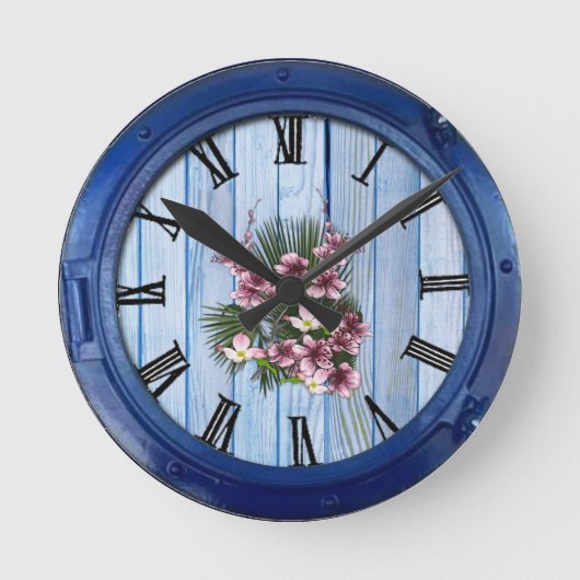 Roze Arty Flowers op Blue-wood textuur Ronde Klok (Voorkant)