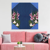 Roze Arty Flowers op Navy Blue Fabric-textuur Canvas Afdruk (Insitu (Woonkamer))