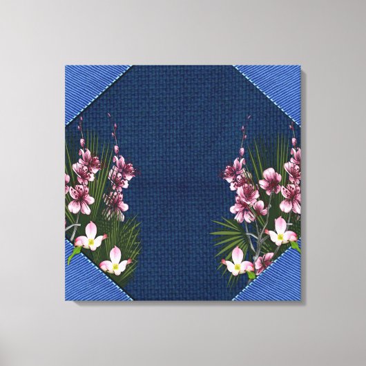 Roze Arty Flowers op Navy Blue Fabric-textuur Canvas Afdruk (Voorkant)