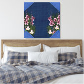 Roze Arty Flowers op Navy Blue Fabric-textuur Canvas Afdruk (Insitu (Slaapkamer))