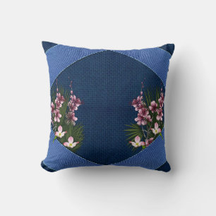 Roze Arty Flowers op Navy Blue-Fabric textuur Kussen