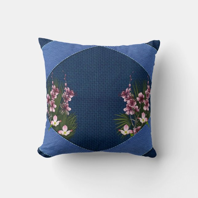 Roze Arty Flowers op Navy Blue-Fabric textuur Kussen (Voorkant)