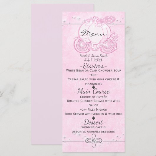 Roze Assepoester Carriage Elegant Party Menu (Voorkant / Achterkant)