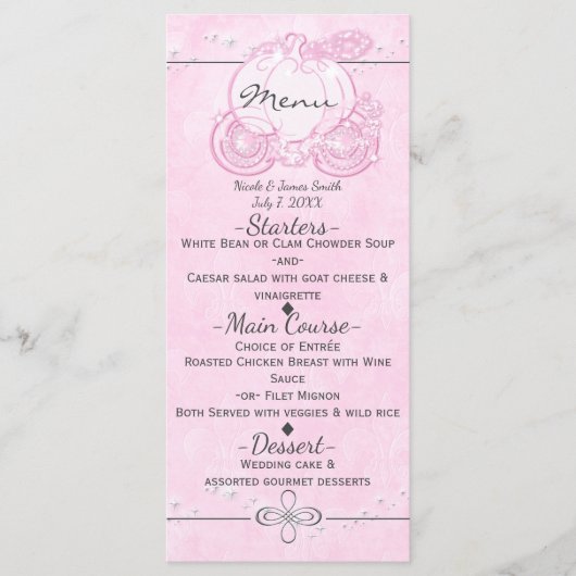Roze Assepoester Carriage Elegant Party Menu (Voorkant)