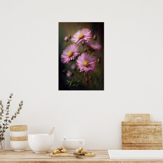 Roze Aster Bloem Art Print Poster (Keuken)