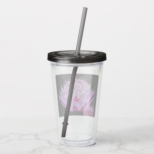 Roze Astrantia Bloem op Zwarte Bloem Acryl Drinkbeker (Achterkant)
