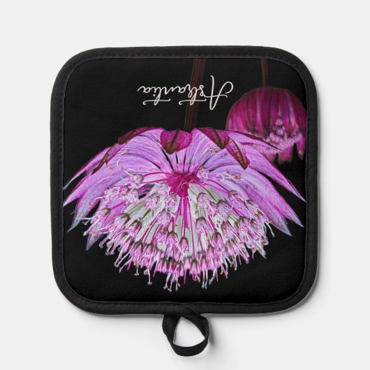 Roze Astrantia Bloem op Zwarte Bloem Pannenlap (Voorkant)