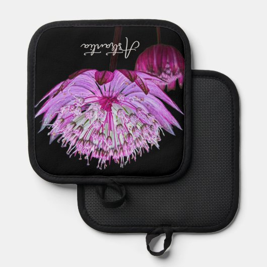 Roze Astrantia Bloem op Zwarte Bloem Pannenlap (Voorkant / Achterkant)