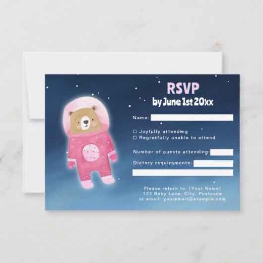 Roze Astronaut Beer RSVP-kaart met ruimtethema RSVP Kaartje (Voorkant)