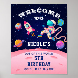 Roze astronaut buitenruimte feestdag welkom poster