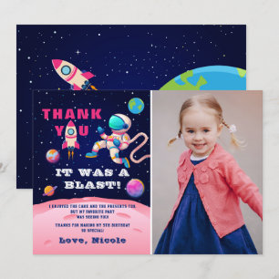 Roze astronaut buitenruimte verjaardagsfoto bedankkaart