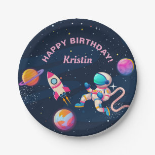 Roze astronaut buitenruimteschakelvaart Birthday Papieren Bordje