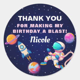 Roze astronaut buitenruimteschakelvaart Birthday Ronde Sticker