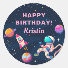 Roze astronaut buitenruimteschakelvaart Birthday Ronde Sticker