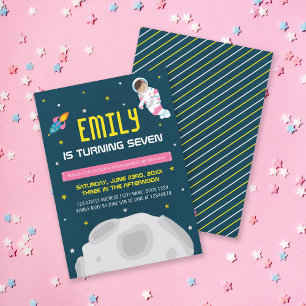 Roze astronaut Girl Space Birthday Uitnodiging