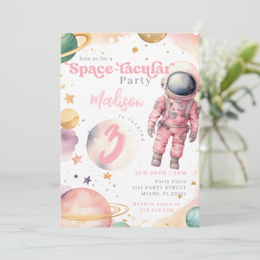 Roze Astronaut Meisje Outer Space Verjaardag Kaart (Staand voorkant)
