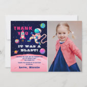 Roze astronaut Outer Space verjaardagsfoto Bedankkaart (Voorkant)