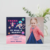 Roze astronaut Outer Space verjaardagsfoto Bedankkaart (Staand voorkant)