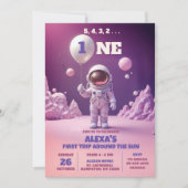 Roze Astronaut Outerspace Eerste Verjaardag Meisje Kaart (Voorkant)