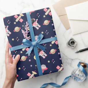 Roze astronaut ruimtesterren cadeaupapier