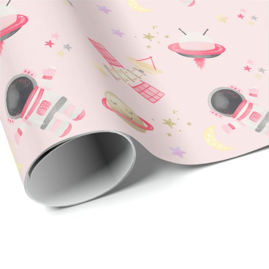 Roze astronaut Space Birthday Uitnodiging Cadeaupapier (Rol Hoek)