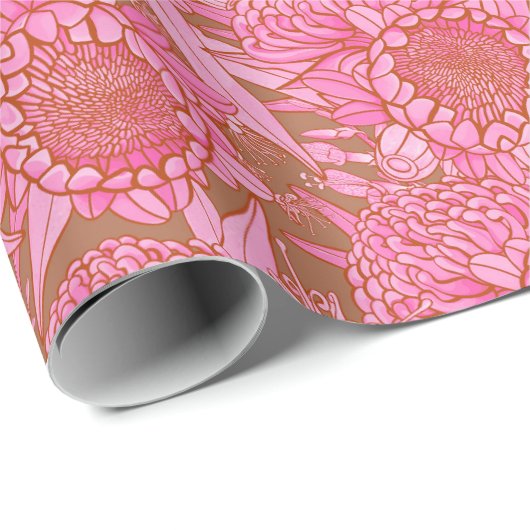 Roze Australische protea en Waratah Pattern Cadeaupapier (Rol Hoek)