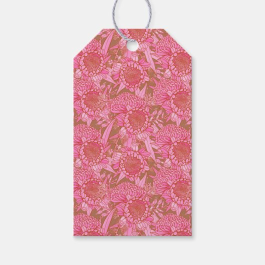 Roze Australische protea & Waratah Labels met gemi Cadeaulabel (Voorkant)