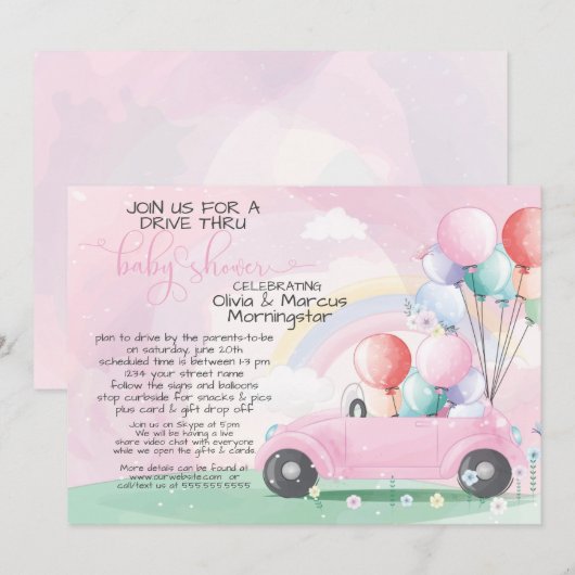 Roze auto-ballonnen rijden door Baby shower Kaart (Voorkant / Achterkant)
