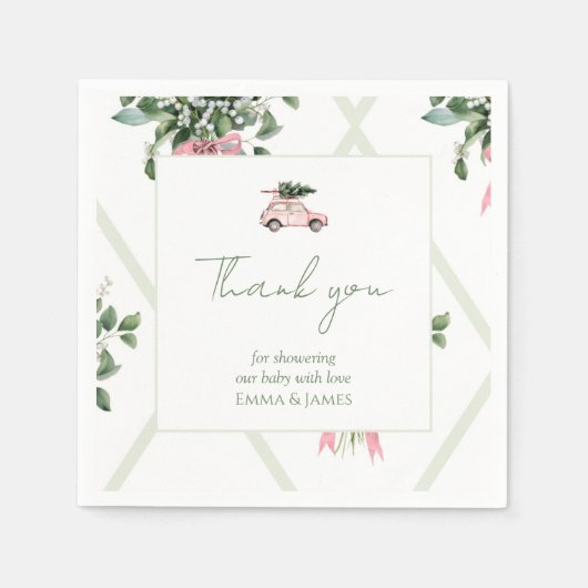 Roze Auto & Boom Waterverf Kerst Servetten (Voorkant)