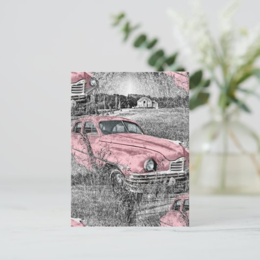  roze auto briefkaart (Staand voorkant)