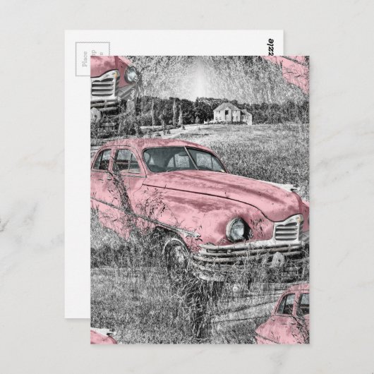  roze auto briefkaart (Voorkant / Achterkant)