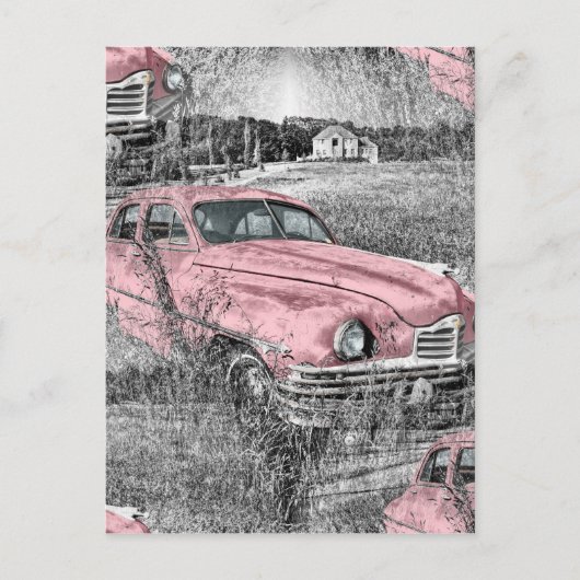  roze auto briefkaart (Voorkant)