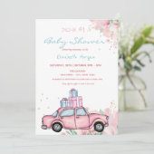 Roze auto Cadeaus - Florence drive by Baby shower Kaart (Staand voorkant)