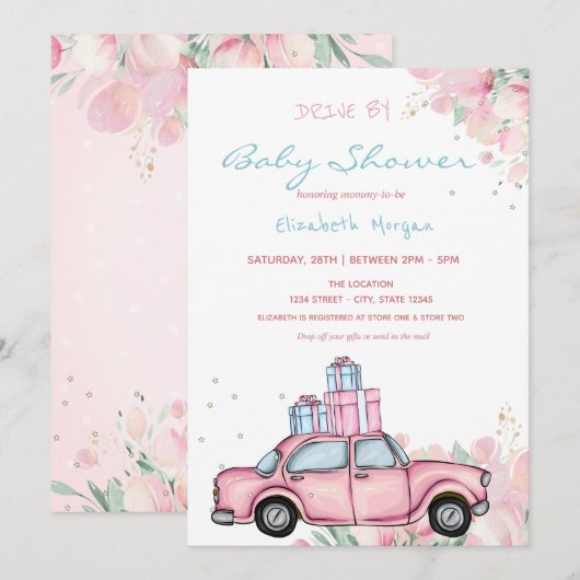 Roze auto Cadeaus - Florence drive by Baby shower Kaart (Voorkant / Achterkant)