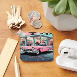 Roze auto diner uit de jaren 50 Retro Midden-Eeuws Sleutelhanger