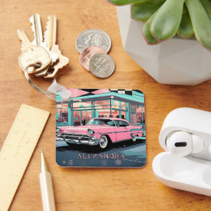 Roze auto diner uit de jaren 50 Retro Midden-Eeuws Sleutelhanger