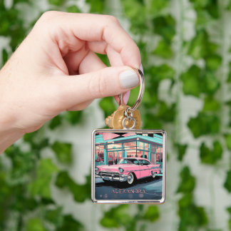 Roze auto diner uit de jaren 50 Retro midden-eeuws Sleutelhanger