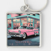 Roze auto diner uit de jaren 50 Retro midden-eeuws Sleutelhanger (Voorkant)