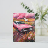  roze auto en een eenhoorn in een weide briefkaart (Staand voorkant)