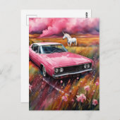  roze auto en een eenhoorn in een weide briefkaart (Voorkant / Achterkant)