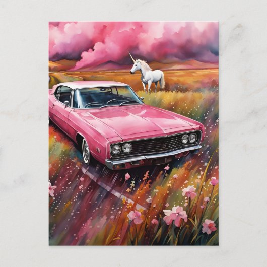  roze auto en een eenhoorn in een weide briefkaart (Voorkant)
