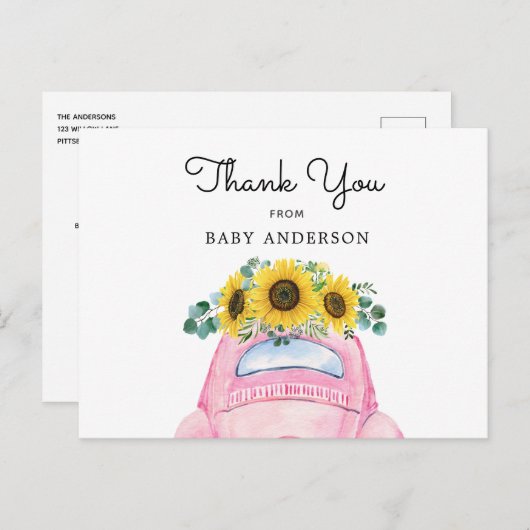 Roze auto en zonnebloemen dank u briefkaart (Voorkant / Achterkant)