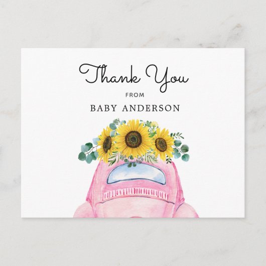 Roze auto en zonnebloemen dank u briefkaart (Voorkant)