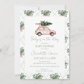 Roze auto kerstboom Baby shower uitnodiging (Voorkant)