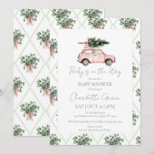 Roze auto kerstboom Baby shower uitnodiging (Voorkant / Achterkant)