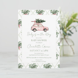 Roze auto kerstboom Baby shower uitnodiging